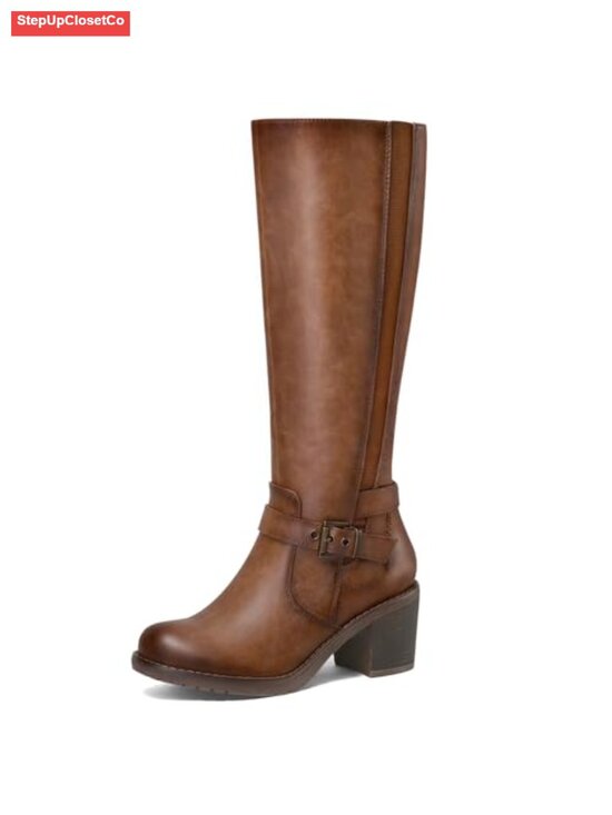 Shoes - Women's Knee High Block Heel Boots Chunky Stacked Heel Side Zip PU